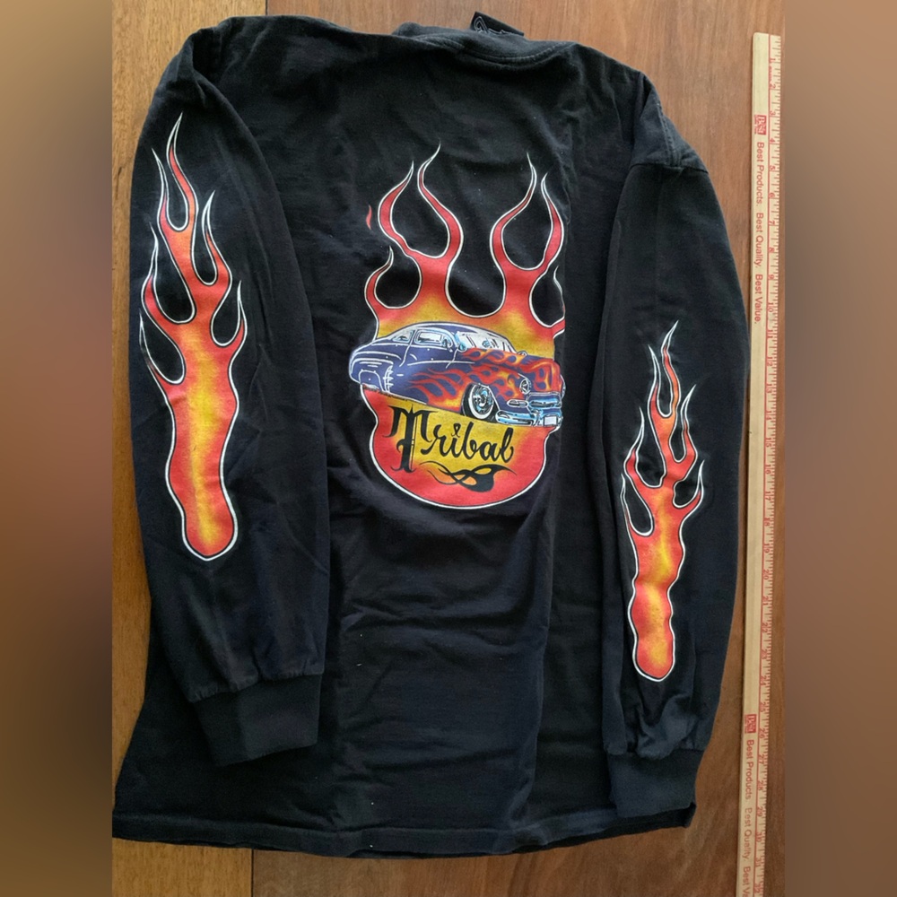 Black Graphic Shirt with flame sleeves.